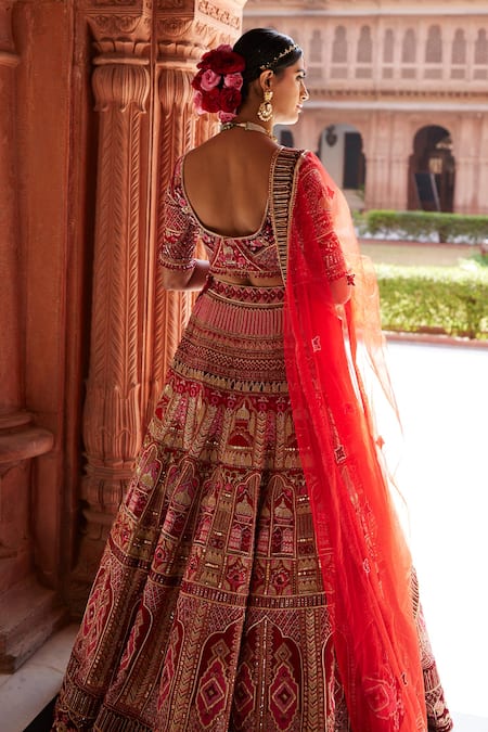 Ronak And Shruti Red Linen, Satin, Net Gota Patti, Architectural Embroidered Bridal Lehenga Set Online at Aza Fashions Ronak And Shruti_Red Linen, Satin, Net Gota Patti, Architectural Embroidered Bridal Lehenga Set _Online_at_Aza_Fashions
