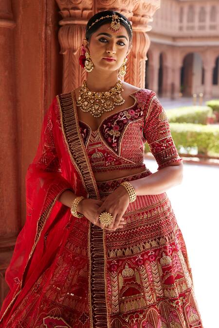 Buy Ronak And Shruti Red Linen, Satin, Net Gota Patti, Architectural Embroidered Bridal Lehenga Set Online at Aza Fashions Buy_Ronak And Shruti_Red Linen, Satin, Net Gota Patti, Architectural Embroidered Bridal Lehenga Set _Online_at_Aza_Fashions