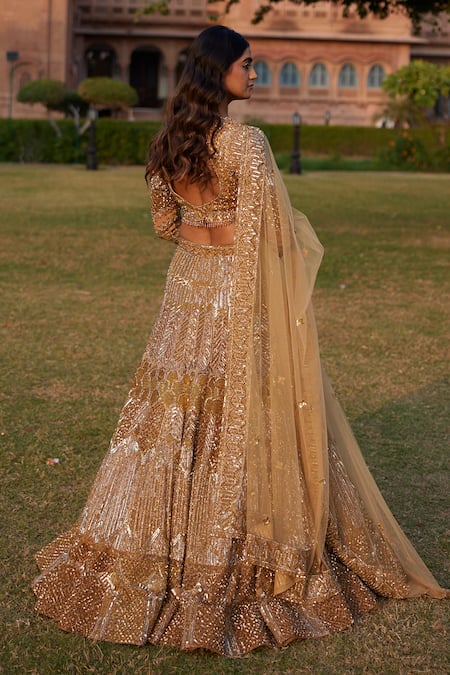 Ronak And Shruti Gold Geometric Embroidered Bridal Lehenga Set 