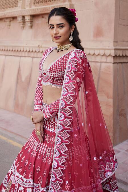Buy Ronak And Shruti Pink Linen, Net Beads, Pearls Plunge Neck Rani Floral Embroidered Lehenga Set Online at Aza Fashions Buy_Ronak And Shruti_Pink Linen, Net Beads, Pearls Plunge Neck Rani Floral Embroidered Lehenga Set _Online_at_Aza_Fashions
