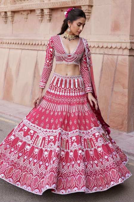 Shop Ronak And Shruti Pink Linen, Net Beads, Pearls Plunge Neck Rani Floral Embroidered Lehenga Set Online at Aza Fashions Shop_Ronak And Shruti_Pink Linen, Net Beads, Pearls Plunge Neck Rani Floral Embroidered Lehenga Set _Online_at_Aza_Fashions