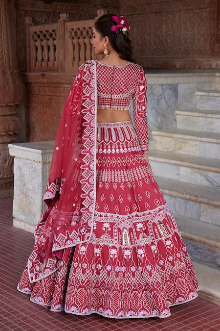 Ronak And Shruti Pink Linen, Net Beads, Pearls Plunge Neck Rani Floral Embroidered Lehenga Set Online at Aza Fashions Ronak And Shruti_Pink Linen, Net Beads, Pearls Plunge Neck Rani Floral Embroidered Lehenga Set _Online_at_Aza_Fashions