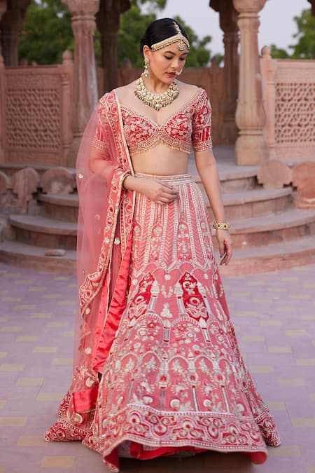 RONAK AND SHRUTI Coral Red Floral Embroidered Lehenga Set 