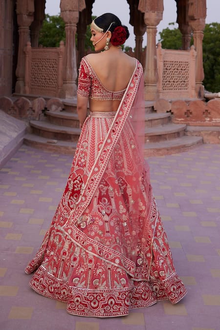 Ronak And Shruti Coral Red Floral Embroidered Lehenga Set 