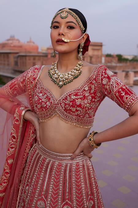 Buy_Ronak And Shruti_Red Linen, Net Pearls, Sequins, Zari, Coral Embroidered Lehenga Set _Online_at_Aza_Fashions