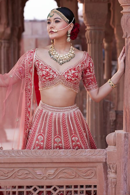 Shop_Ronak And Shruti_Red Linen, Net Pearls, Sequins, Zari, Coral Embroidered Lehenga Set _Online_at_Aza_Fashions