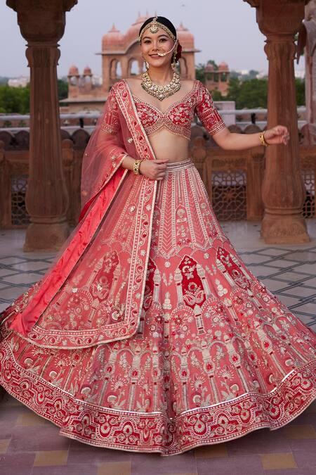 Ronak And Shruti_Red Linen, Net Pearls, Sequins, Zari, Coral Embroidered Lehenga Set _at_Aza_Fashions