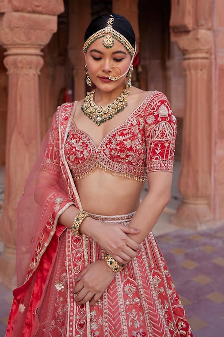 Buy_Ronak And Shruti_Red Linen, Net Pearls, Sequins, Zari, Coral Embroidered Lehenga Set 