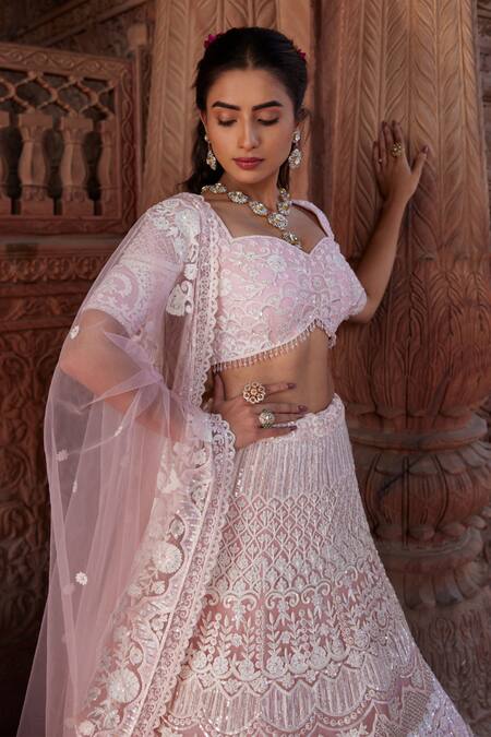 Ronak And Shruti_Pink Tulle Pearls, Embroidery Sweetheart Neck Resham Lehenga Set _at_Aza_Fashions