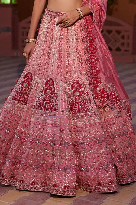 Ronak And Shruti_Pink Velvet, Linen, Silk Organza Floral Vine Embroidered Bridal Lehenga Set _Online_at_Aza_Fashions