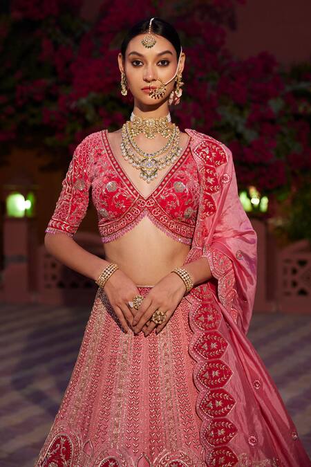Buy_Ronak And Shruti_Pink Velvet, Linen, Silk Organza Floral Vine Embroidered Bridal Lehenga Set _Online_at_Aza_Fashions