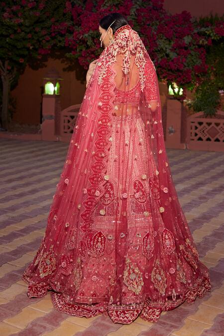 Shop_Ronak And Shruti_Pink Velvet, Linen, Silk Organza Floral Vine Embroidered Bridal Lehenga Set _Online_at_Aza_Fashions