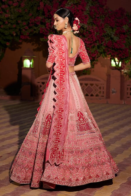 Buy_Ronak And Shruti_Pink Velvet, Linen, Silk Organza Floral Vine Embroidered Bridal Lehenga Set 