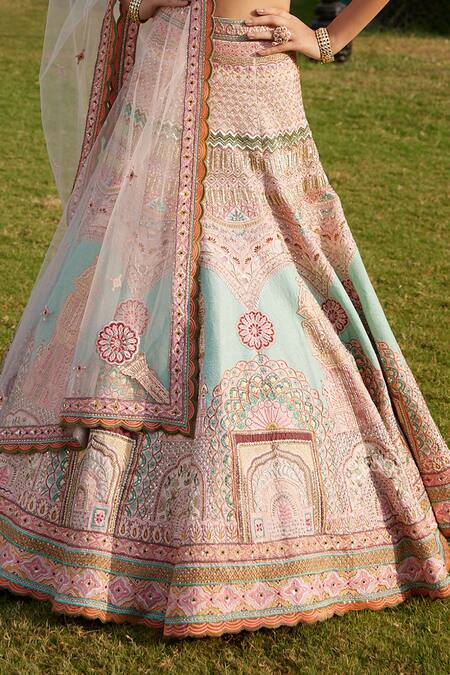 Shop_Ronak And Shruti_Pink Linen, Net Beads, Tassels, Embroidery Round Neck Architectural Lehenga Set _Online_at_Aza_Fashions
