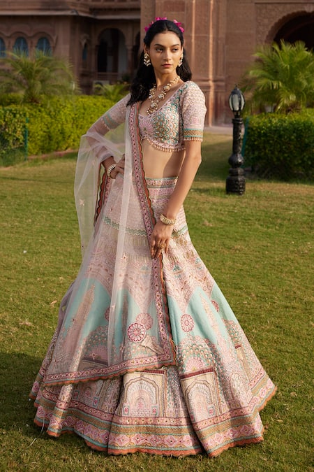 Ronak And Shruti_Pink Linen, Net Beads, Tassels, Embroidery Round Neck Architectural Lehenga Set _at_Aza_Fashions