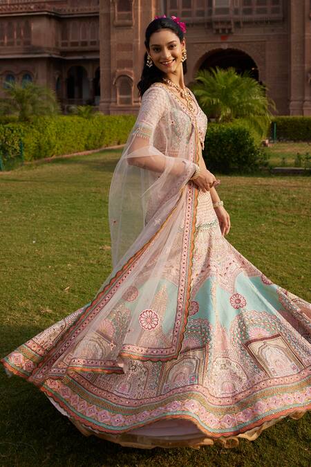 Buy_Ronak And Shruti_Pink Linen, Net Beads, Tassels, Embroidery Round Neck Architectural Lehenga Set 