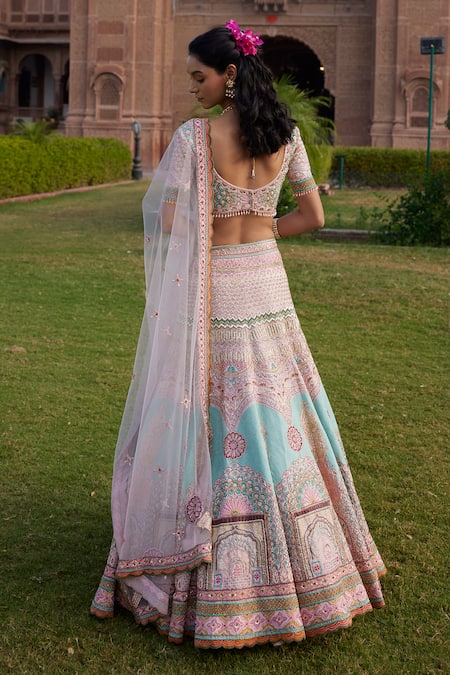 Shop_Ronak And Shruti_Pink Linen, Net Beads, Tassels, Embroidery Round Neck Architectural Lehenga Set 