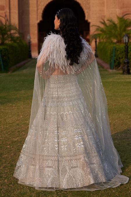 Ronak And Shruti Silver Geometric Embroidered Lehenga Set 