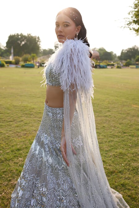 Buy_Ronak And Shruti_Silver Net Sequins, Crystals, Beads Geometric Embroidered Lehenga Set _Online_at_Aza_Fashions