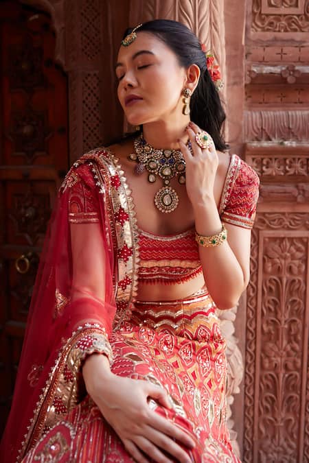 Buy_Ronak And Shruti_Red Linen, Satin, Net Pearls, Architectural Motif Embroidered Lehenga Set _Online_at_Aza_Fashions