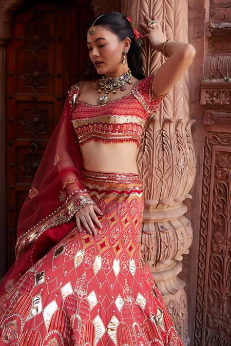 Buy_Ronak And Shruti_Red Linen, Satin, Net Pearls, Architectural Motif Embroidered Lehenga Set 