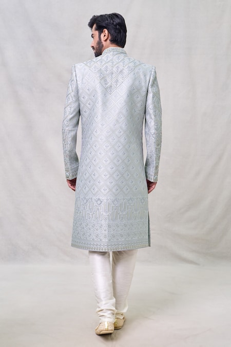Shop Arihant Rai Sinha Grey Silk, Chanderi Cut Work Thread Embroidered Sherwani With Churidar at Aza Fashions Shop_Arihant Rai Sinha_Grey Silk, Chanderi Cut Work Thread Embroidered Sherwani With Churidar _at_Aza_Fashions
