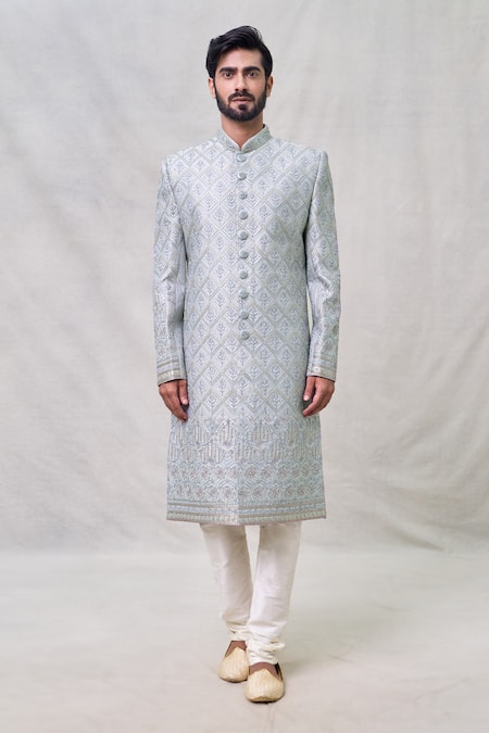 Buy Arihant Rai Sinha Grey Silk, Chanderi Cut Work Thread Embroidered Sherwani With Churidar Online at Aza Fashions Buy_Arihant Rai Sinha_Grey Silk, Chanderi Cut Work Thread Embroidered Sherwani With Churidar _Online_at_Aza_Fashions