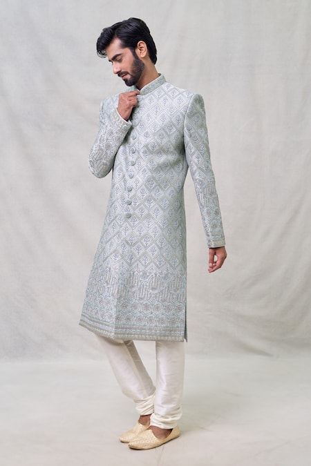 Shop Arihant Rai Sinha Grey Silk, Chanderi Cut Work Thread Embroidered Sherwani With Churidar Online at Aza Fashions Shop_Arihant Rai Sinha_Grey Silk, Chanderi Cut Work Thread Embroidered Sherwani With Churidar _Online_at_Aza_Fashions
