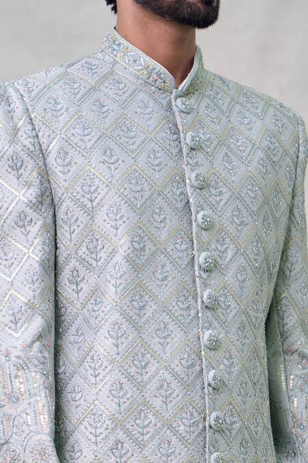 Arihant Rai Sinha Grey Silk, Chanderi Cut Work Thread Embroidered Sherwani With Churidar at Aza Fashions Arihant Rai Sinha_Grey Silk, Chanderi Cut Work Thread Embroidered Sherwani With Churidar _at_Aza_Fashions