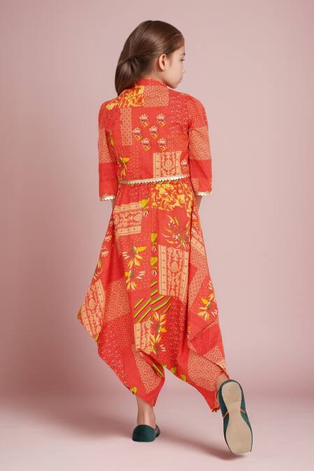 Shop Petite Pomme Orange Cotton Sequins Patchwork Print Jumpsuit And Short Jacket at Aza Fashions Shop_Petite Pomme_Orange Cotton Sequins Patchwork Print Jumpsuit And Short Jacket_at_Aza_Fashions