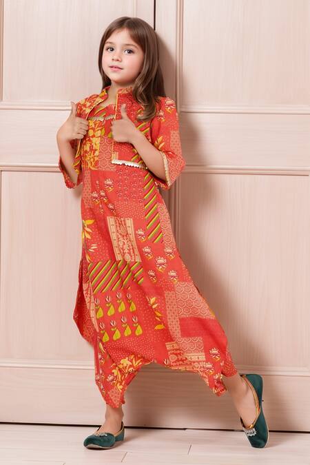 Petite Pomme Orange Cotton Sequins Patchwork Print Jumpsuit And Short Jacket at Aza Fashions Petite Pomme_Orange Cotton Sequins Patchwork Print Jumpsuit And Short Jacket_at_Aza_Fashions