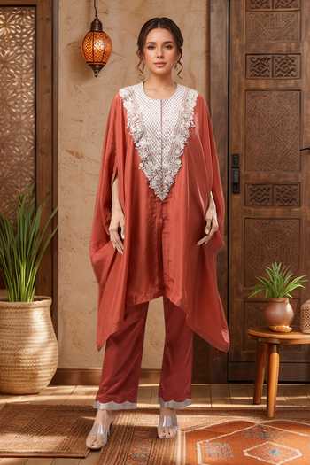 Buy Prisho Orange Pearls, Zari, Beads, Embroidery, Gota Patti Round Neck Kaftan And Pant Set at Aza Fashions Buy_Prisho_Orange Pearls, Zari, Beads, Embroidery, Gota Patti Round Neck Kaftan And Pant Set _at_Aza_Fashions