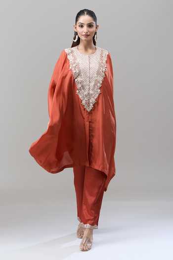 Shop Prisho Orange Pearls, Zari, Beads, Embroidery, Gota Patti Round Neck Kaftan And Pant Set Online at Aza Fashions Shop_Prisho_Orange Pearls, Zari, Beads, Embroidery, Gota Patti Round Neck Kaftan And Pant Set _Online_at_Aza_Fashions