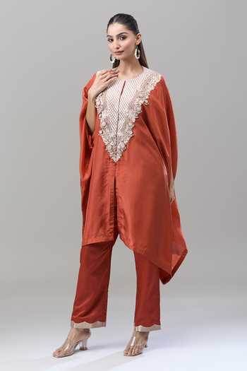 Prisho Orange Pearls, Zari, Beads, Embroidery, Gota Patti Round Neck Kaftan And Pant Set at Aza Fashions Prisho_Orange Pearls, Zari, Beads, Embroidery, Gota Patti Round Neck Kaftan And Pant Set _at_Aza_Fashions