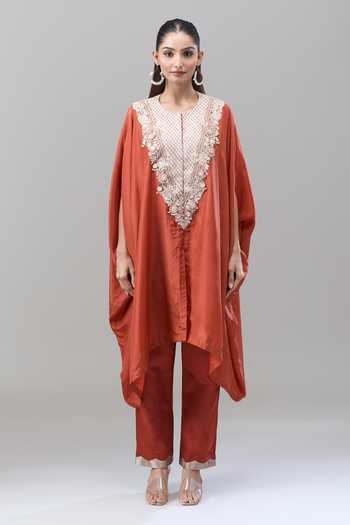 Buy Prisho Orange Pearls, Zari, Beads, Embroidery, Gota Patti Round Neck Kaftan And Pant Set Buy_Prisho_Orange Pearls, Zari, Beads, Embroidery, Gota Patti Round Neck Kaftan And Pant Set