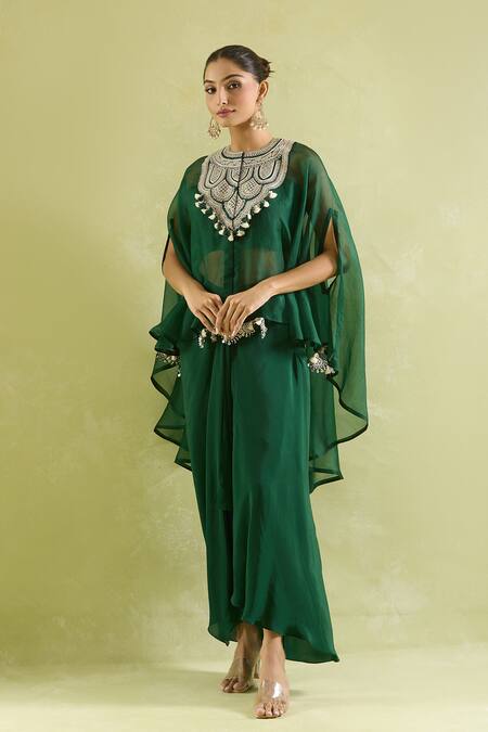 Buy Prisho Green Organza Tassels High Neck, Geometric Resham Embellished Kaftan Set Online at Aza Fashions Buy_Prisho_Green Organza Tassels High Neck, Geometric Resham Embellished Kaftan Set _Online_at_Aza_Fashions