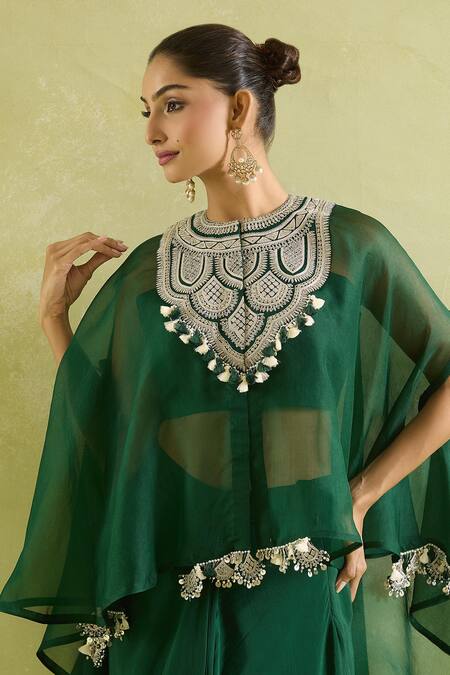 Shop Prisho Green Organza Tassels High Neck, Geometric Resham Embellished Kaftan Set Online at Aza Fashions Shop_Prisho_Green Organza Tassels High Neck, Geometric Resham Embellished Kaftan Set _Online_at_Aza_Fashions