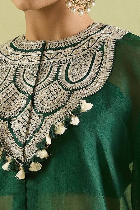 Prisho Green Organza Tassels High Neck, Geometric Resham Embellished Kaftan Set at Aza Fashions Prisho_Green Organza Tassels High Neck, Geometric Resham Embellished Kaftan Set _at_Aza_Fashions