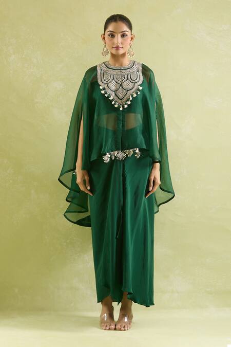 Buy Prisho Green Organza Tassels High Neck, Geometric Resham Embellished Kaftan Set Buy_Prisho_Green Organza Tassels High Neck, Geometric Resham Embellished Kaftan Set