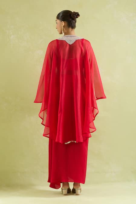 Prisho Embellished Red Kaftan With Draped Skirt 