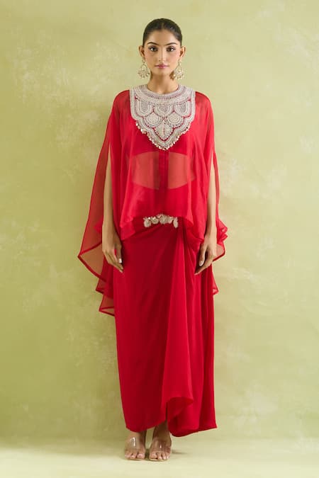 Prisho_Red Organza Tassels, Sequins, Embroidery Embellished Kaftan With Draped Skirt _Online_at_Aza_Fashions