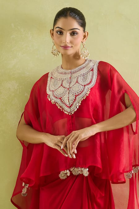 Buy_Prisho_Red Organza Tassels, Sequins, Embroidery Embellished Kaftan With Draped Skirt _Online_at_Aza_Fashions