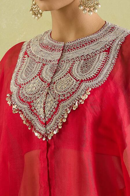 Shop_Prisho_Red Organza Tassels, Sequins, Embroidery Embellished Kaftan With Draped Skirt _Online_at_Aza_Fashions