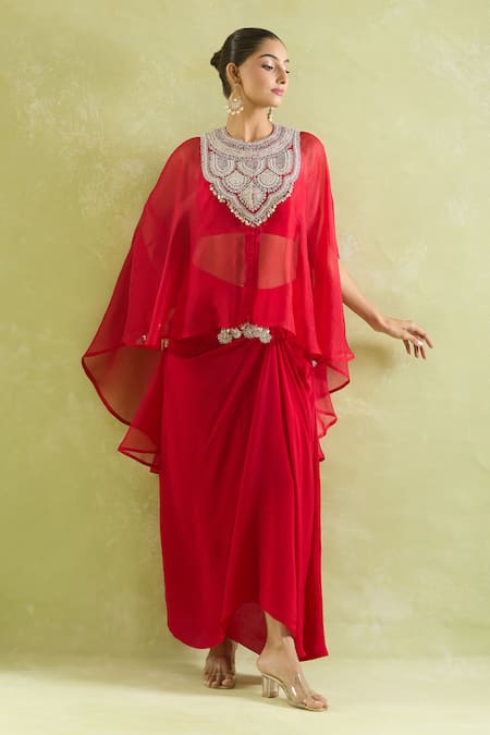 Prisho_Red Organza Tassels, Sequins, Embroidery Embellished Kaftan With Draped Skirt _at_Aza_Fashions