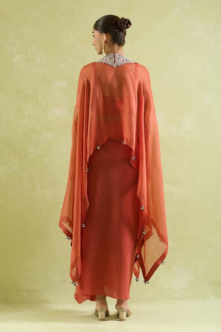 Shop Prisho Orange Organza Embroidery, Tassels High Embellished A-line Kaftan And Draped Skirt at Aza Fashions Shop_Prisho_Orange Organza Embroidery, Tassels High Embellished A-line Kaftan And Draped Skirt _at_Aza_Fashions