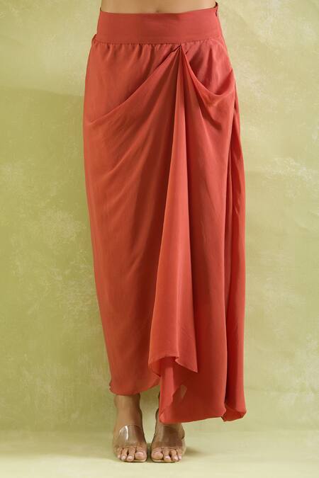 Prisho Orange Organza Embroidery, Tassels High Embellished A-line Kaftan And Draped Skirt Online at Aza Fashions Prisho_Orange Organza Embroidery, Tassels High Embellished A-line Kaftan And Draped Skirt _Online_at_Aza_Fashions