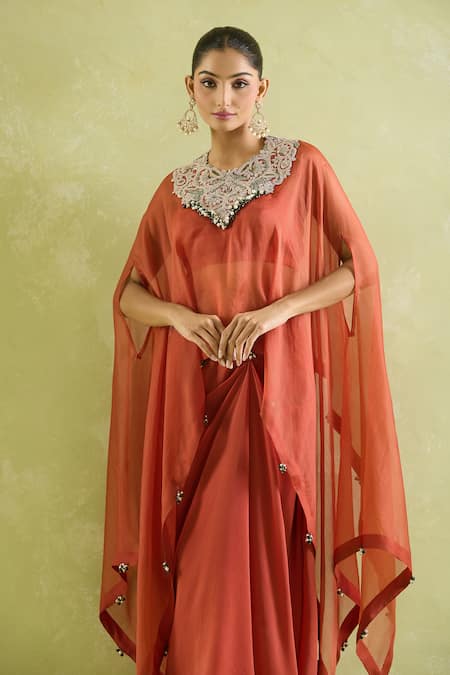 Buy Prisho Orange Organza Embroidery, Tassels High Embellished A-line Kaftan And Draped Skirt Online at Aza Fashions Buy_Prisho_Orange Organza Embroidery, Tassels High Embellished A-line Kaftan And Draped Skirt _Online_at_Aza_Fashions