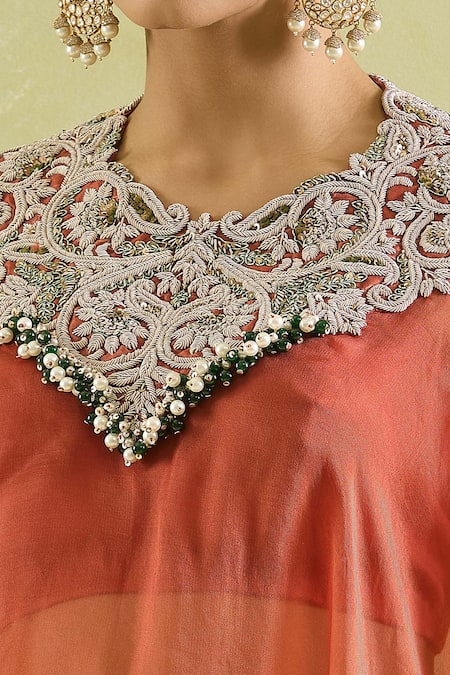 Shop Prisho Orange Organza Embroidery, Tassels High Embellished A-line Kaftan And Draped Skirt Online at Aza Fashions Shop_Prisho_Orange Organza Embroidery, Tassels High Embellished A-line Kaftan And Draped Skirt _Online_at_Aza_Fashions