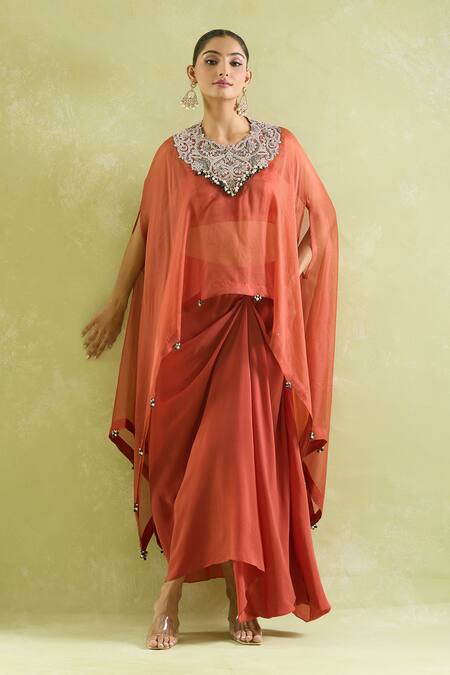 Buy Prisho Orange Organza Embroidery, Tassels High Embellished A-line Kaftan And Draped Skirt Buy_Prisho_Orange Organza Embroidery, Tassels High Embellished A-line Kaftan And Draped Skirt