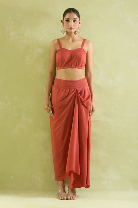 Shop Prisho Orange Organza Embroidery, Tassels High Embellished A-line Kaftan And Draped Skirt Shop_Prisho_Orange Organza Embroidery, Tassels High Embellished A-line Kaftan And Draped Skirt